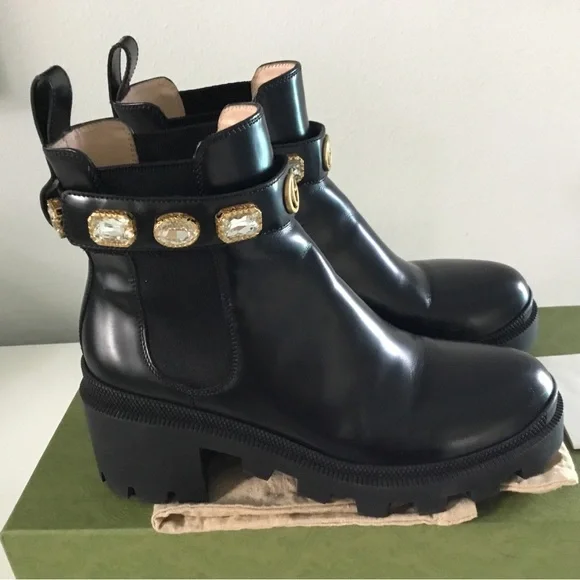 Gucci Leather Boots with Crystal  And GG Logo Ankle Belt - Picture 5 of 16